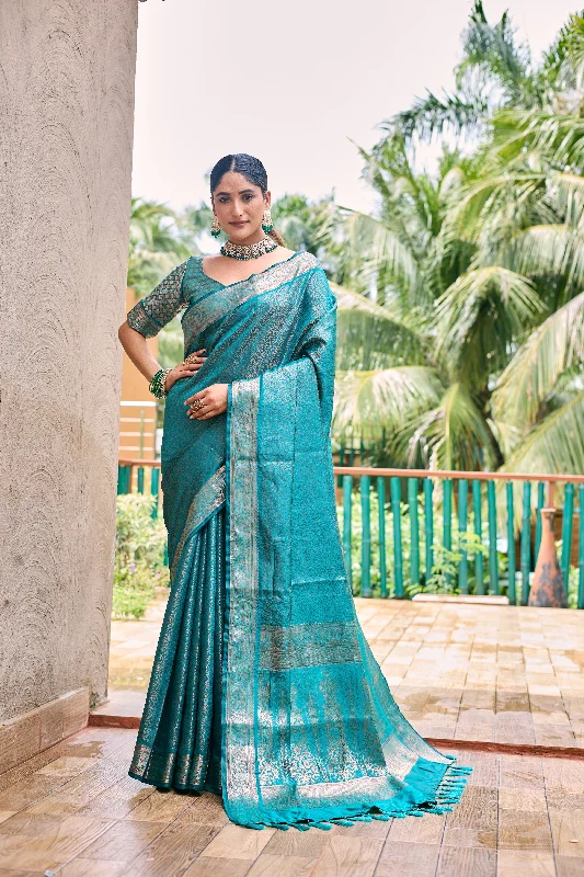 Sonakshi Women's Turquoise Kanjivaram Handloom Zari Woven Traditional Saree with Blouse Elegant Office Blouse Sonakshi Women's Turquoise Kanjivaram Handloom Zari Woven Traditional Saree with Blouse Elegant Office Blouse