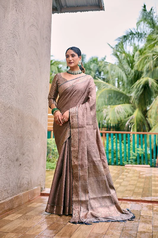 Sonakshi Women's Beige Kanjivaram Handloom Zari Woven Traditional Saree with Blouse Elegant Lace Blouse Sonakshi Women's Beige Kanjivaram Handloom Zari Woven Traditional Saree with Blouse Elegant Lace Blouse