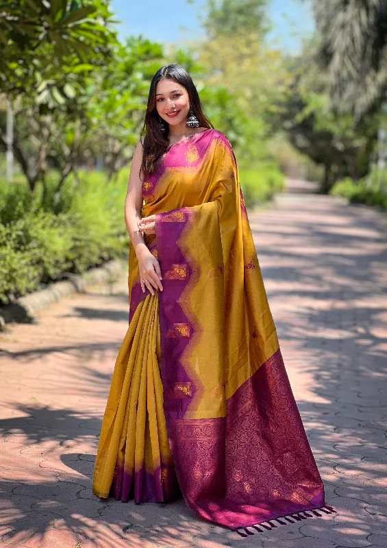 Sonakshi Women's Mustard Banarasi Silk Zari Woven Traditional Saree with Blouse Short Sleeve Blouse Sonakshi Women's Mustard Banarasi Silk Zari Woven Traditional Saree with Blouse Short Sleeve Blouse