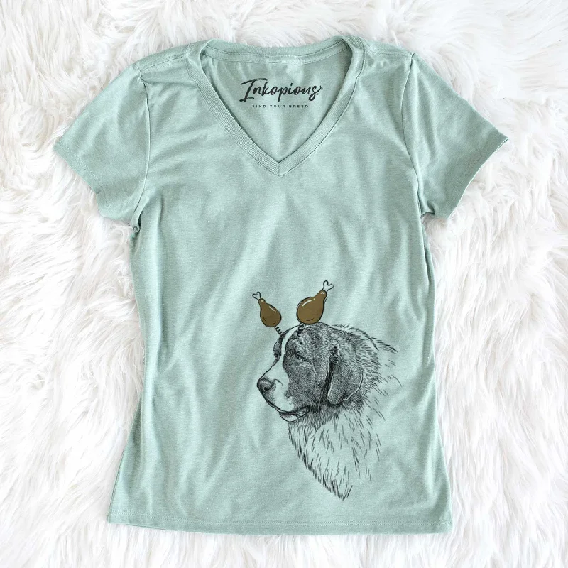 Thanksgiving Magnus the Pyrenean Mastiff - Women's V-neck Shirt-- Mesh Canvas Denim
