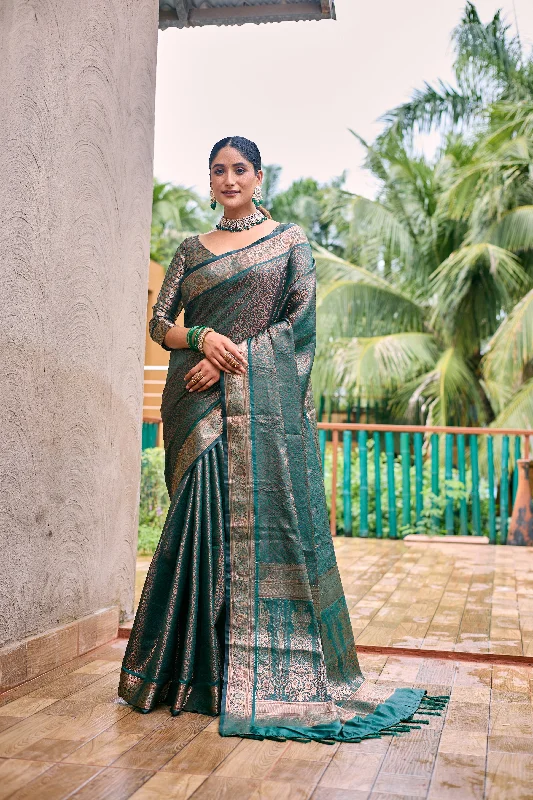 Sonakshi Women's Bottle Green Kanjivaram Handloom Zari Woven Traditional Saree with Blouse Wrap Front Blouse Sonakshi Women's Bottle Green Kanjivaram Handloom Zari Woven Traditional Saree with Blouse Wrap Front Blouse