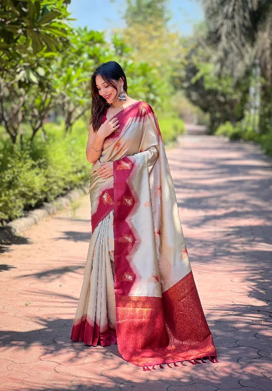 Sonakshi Women's Cream Banarasi Silk Zari Woven Traditional Saree with Blouse Balloon Sleeve Blouse Sonakshi Women's Cream Banarasi Silk Zari Woven Traditional Saree with Blouse Balloon Sleeve Blouse