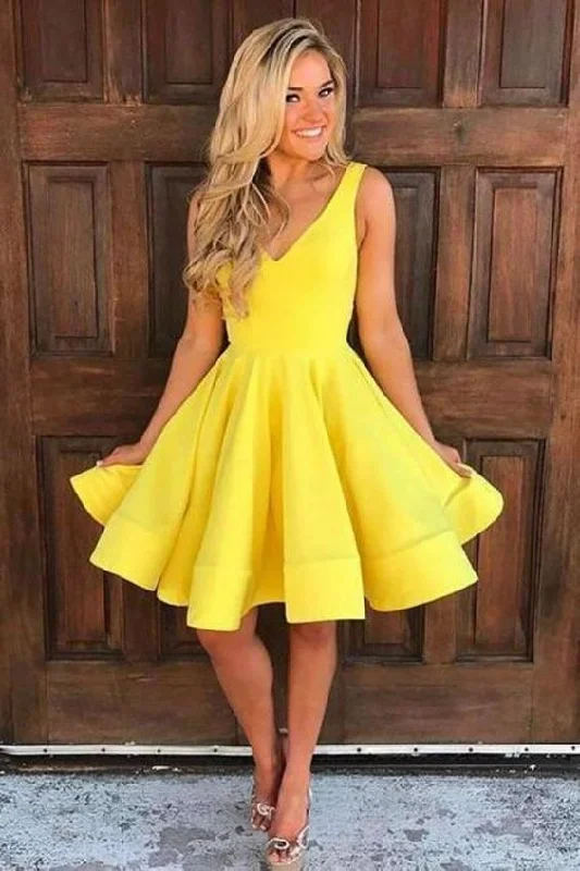 Cute V Neck Yellow Sleeveless Short Homecoming Dresses A Line Party Dresses cg8339 Mermaid Tail Wedding Cute V Neck Yellow Sleeveless Short Homecoming Dresses A Line Party Dresses cg8339 Mermaid Tail Wedding