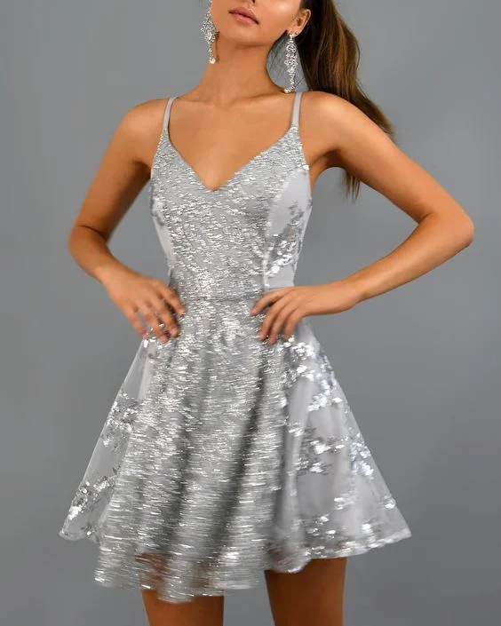 Sparkly Short Silver Sequins Homecoming Dresses.Spaghetti Straps Mini Party Dresses cg8492 Tunics Practical easy-care Sparkly Short Silver Sequins Homecoming Dresses.Spaghetti Straps Mini Party Dresses cg8492 Tunics Practical easy-care