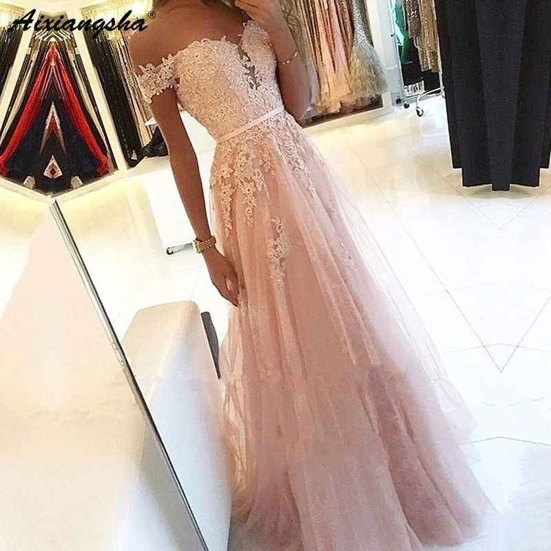 Pink 2020 Prom Dresses A-Line Off the Shoulder Sweetheart Beaded Lace Tulle Long Prom Gown Evening Party Dresses Robe De Soiree Tunics Formal black