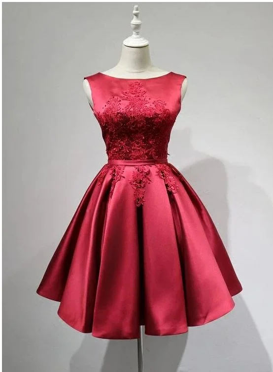 Lovely Dark Red Homecoming Dress, Round Neckline Satin Party Dress cg8387 Off-the-shoulder Bohemian Festive Lovely Dark Red Homecoming Dress, Round Neckline Satin Party Dress cg8387 Off-the-shoulder Bohemian Festive