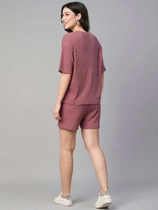 Women's Wine Cotton Elastane Regular Fit Knit Shorts