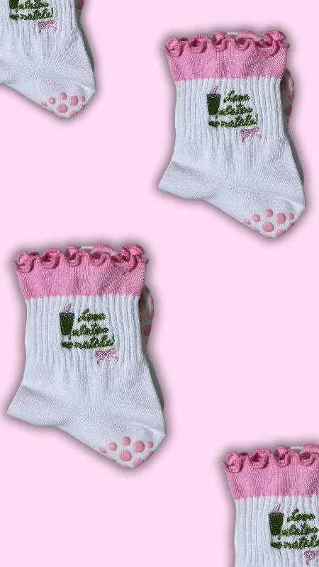 ""Love Pilates So Matcha"" grip sock with heart grips