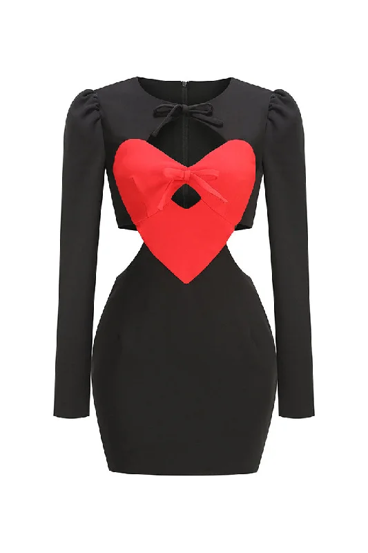 Cute Contrast Heart Cutout Bow Tie Crew Neck Long Sleeve Party Mini Dress Elegant Velvet Mini Dress Cute Contrast Heart Cutout Bow Tie Crew Neck Long Sleeve Party Mini Dress Elegant Velvet Mini Dress