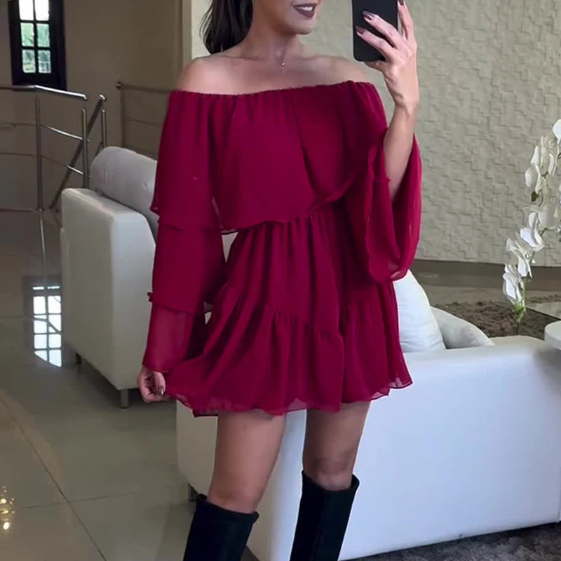 LIZAKOSHT - Autumn Retro Long Flare Sleeve A-line Dress Women 2024 One Shoulder Ruffles Patchwork Mini Dress All Match Elastic Party Dress Stylish Puff Sleeve Mini Dress LIZAKOSHT - Autumn Retro Long Flare Sleeve A-line Dress Women 2024 One Shoulder Ruffles Patchwork Mini Dress All Match Elastic Party Dress Stylish Puff Sleeve Mini Dress